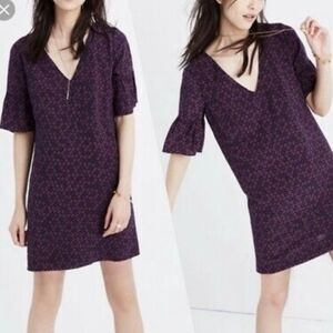 💥Madewell Blue and Purple Patterned V-neckline Bell Sleeve Shift Dress 12